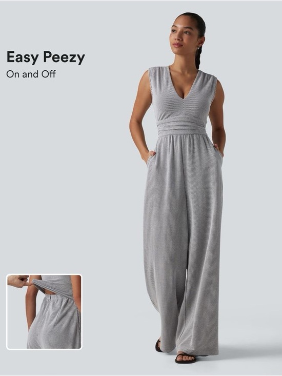 HALARA Pants - NWT HALARA Gray Textured Wide-Leg V-Neck Jumpsuit